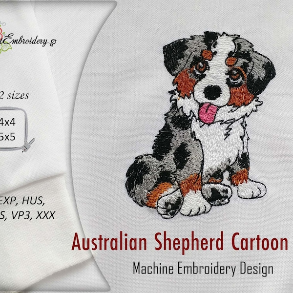 Australian Shepherd - Machine Embroidery Animal Dog  Design in Cartoon Style in 2 sizes for hoop 4x4" and 5x5"