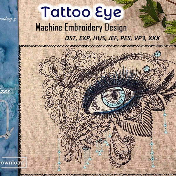 Tattoo Eye – Machine Embroidery Women's Eye in Tattoo Style Design in 3 sizes for hoop 5x5", 5x7", 6x8".