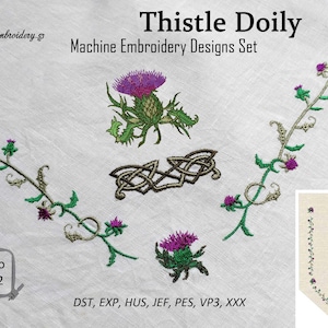 Puede incluir: Un conjunto de diseños de bordado a máquina que presentan una flor de cardo, un nudo celta y un diseño de borde. Los diseños están disponibles en varios formatos, incluidos DST, EXP, HUS, JEF, PES, VP3 y XXX. Los diseños tienen un tamaño de hasta 8x12 pulgadas.