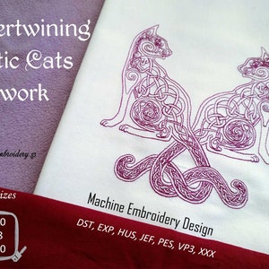 May include: Machine embroidery design of two intertwined Celtic cats in a purple color. The design is available in three sizes: 6x10 inches, 8x8 inches, and 8x10 inches. The design is available in the following formats: DST, EXP, HUS, JEF, PES, VP3, and XXX.