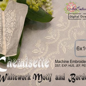 May include: Whitework embroidery design for a chemisette, featuring a floral motif and border. The design is available in 6x10 hoop size and includes the following file formats: DST, EXP, HUS, JEF, PES, VP3, XXX.