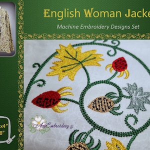 May include: Machine embroidery design set for a jacket featuring a floral motif with red, yellow, and green flowers on a white background. The design is available in sizes from 4x4 inches to 8x8 inches.