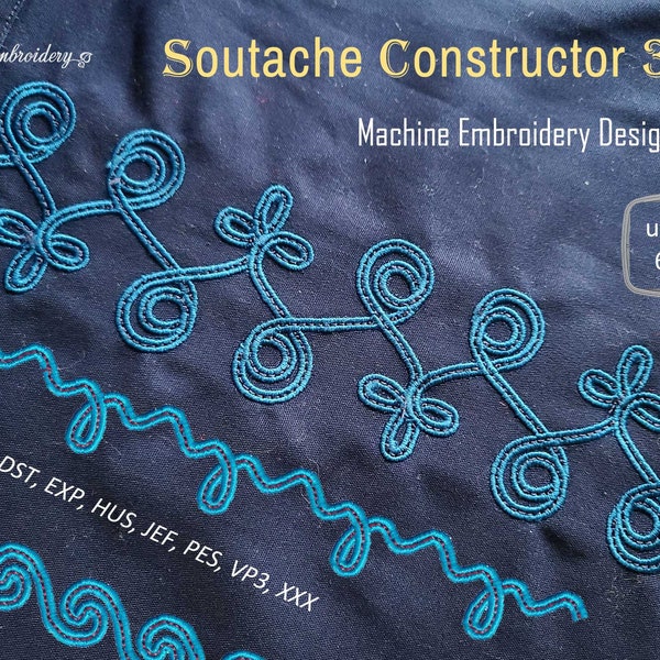 Soutache Constructor 3mm - Maschinenstickmotive Set beinhaltet einzelne Motive für Stickrahmen 10x10 cm und Endlosränder für Stickrahmengrößen bis zu 15x20 cm