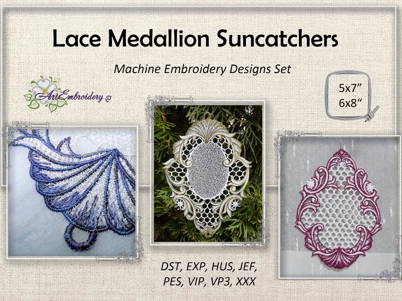 Lace Medallion Suncatchers Set Machine Embroidery Freestanding Lace Designs Set of three designs in three sizes