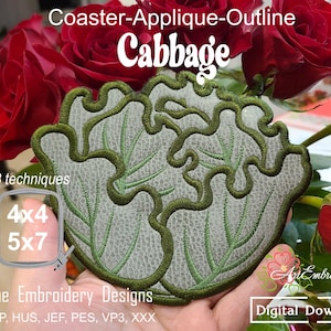 May include: A close-up of a green and white embroidered cabbage design. The design is on a white fabric and is surrounded by red roses. The text "Coaster-Applique-Outline Cabbage" is at the top of the image. The text "4x4 5x7" is in the lower left corner of the image. The text "Machine Embroidery Designs DST, EXP, HUS, JEF, PES, VP3, XXX" is in the lower left corner of the image. The text "Art Embroidery Digital Download" is in the lower right corner of the image.