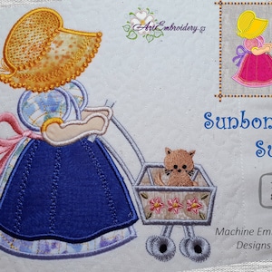 Sunbonnet Sue Machine Embroidery Applique: Cat Stroller ITH Design (7x8&quot; and 8x8&quot;)