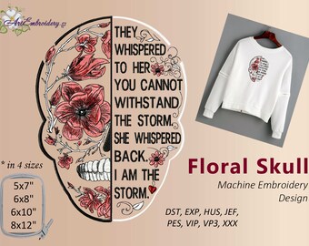 Floral Skull with Quote - Machine Embroidery Design in 4 sizes