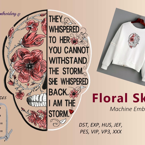 Tête de mort florale avec citation - motif de broderie Machine en 4 tailles