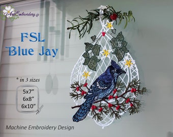 FSL Blue Jay Machine Embroidery Freestanding Lace Design in 3 sizes