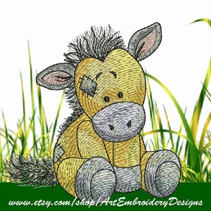 Pferd - Maschinenstickerei von gepatchten Bauernhoftieren im Cartoon Stil aus der Serie Old Toy in zwei Größen für 10x10cm und 13x13cm Stickrahmen.