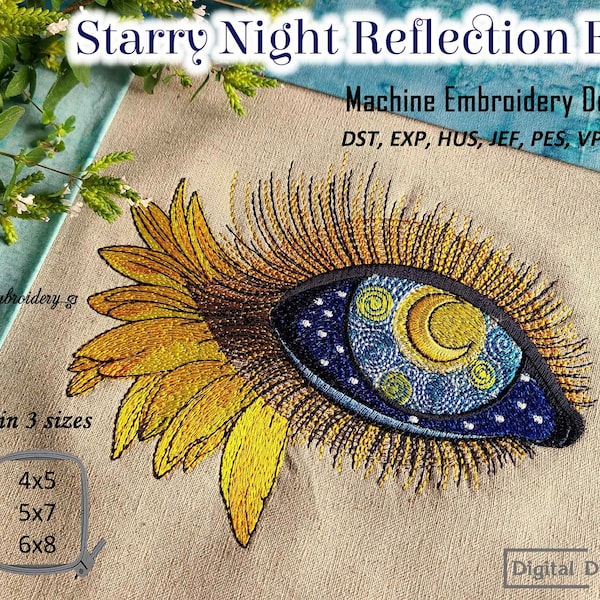 Starry Night Reflection Eye – Machine Embroidery Design of Van Gogh Famous Painting in 3 sizes for hoop 4x5, 5x7, 6x8