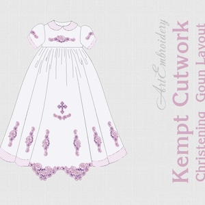 Könnte beinhalten: Ein weißes Taufkleid mit rosa Kragen und rosa Stickerei. Das Kleid hat ein Kreuz und florale Designs. Der Text "Kempf Cutwork" und "Art Embroidery" befindet sich auf der rechten Seite des Bildes.