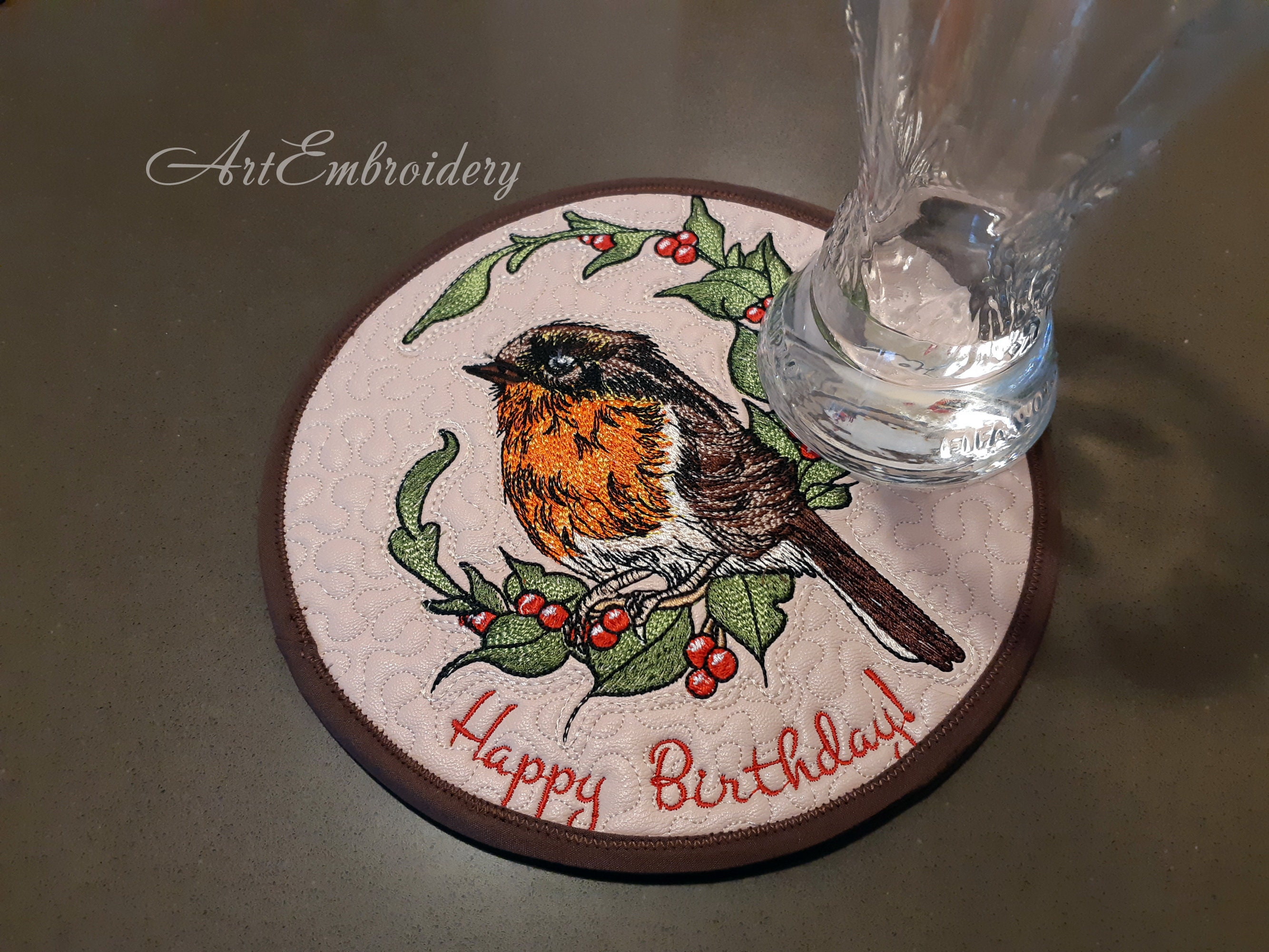 Christmas Robin Embroidery Designs: Bird Coaster Set (5x7 to 8x8