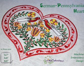German-Pennsylvania Heart -  Machine Embroidery Design in  Fraktur Style in Three Sizes
