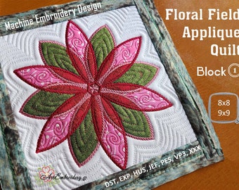 Floral Field Quilt Block 1 - Machine Embroidery Applique Star Flower  ITH Block Design for hoop 8x8" and 9x9".