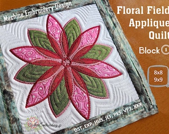 Floral Field Quilt Block 1 - Machine Embroidery Applique Star Flower  ITH Block Design for hoop 8x8" and 9x9".