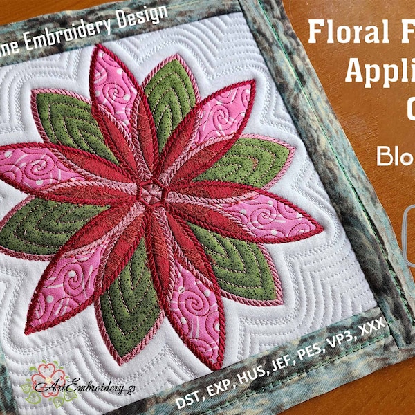 Floral Field Quilt Block 1 - Machine Embroidery Applique Star Flower  ITH Block Design for hoop 8x8" and 9x9".