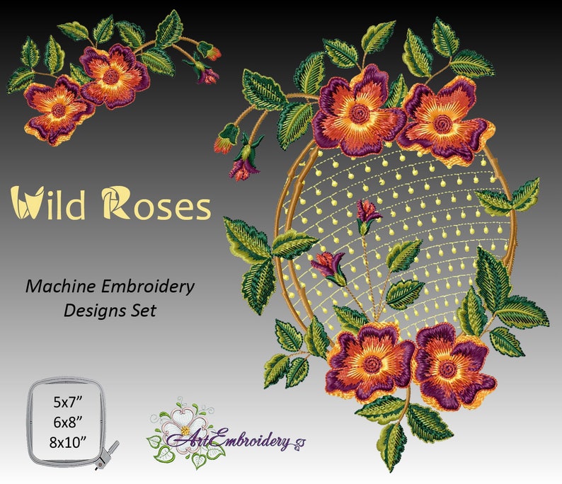Floral Machine Embroidery Designs Set for hoop 8X10 and less Wild Roses Oval and Single Motifs