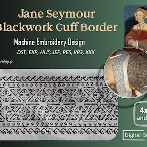 Puede incluir: Diseño de bordado de punto negro para un borde de puño, inspirado en la ropa de Jane Seymour. El diseño se muestra en una tela blanca con una lupa que muestra un primer plano del diseño. El diseño está disponible en varios formatos, incluidos DST, EXP, HUS, JEF, PES, VP3 y XXX. El diseño es adecuado para proyectos de 4x4 pulgadas y más. Descarga digital.