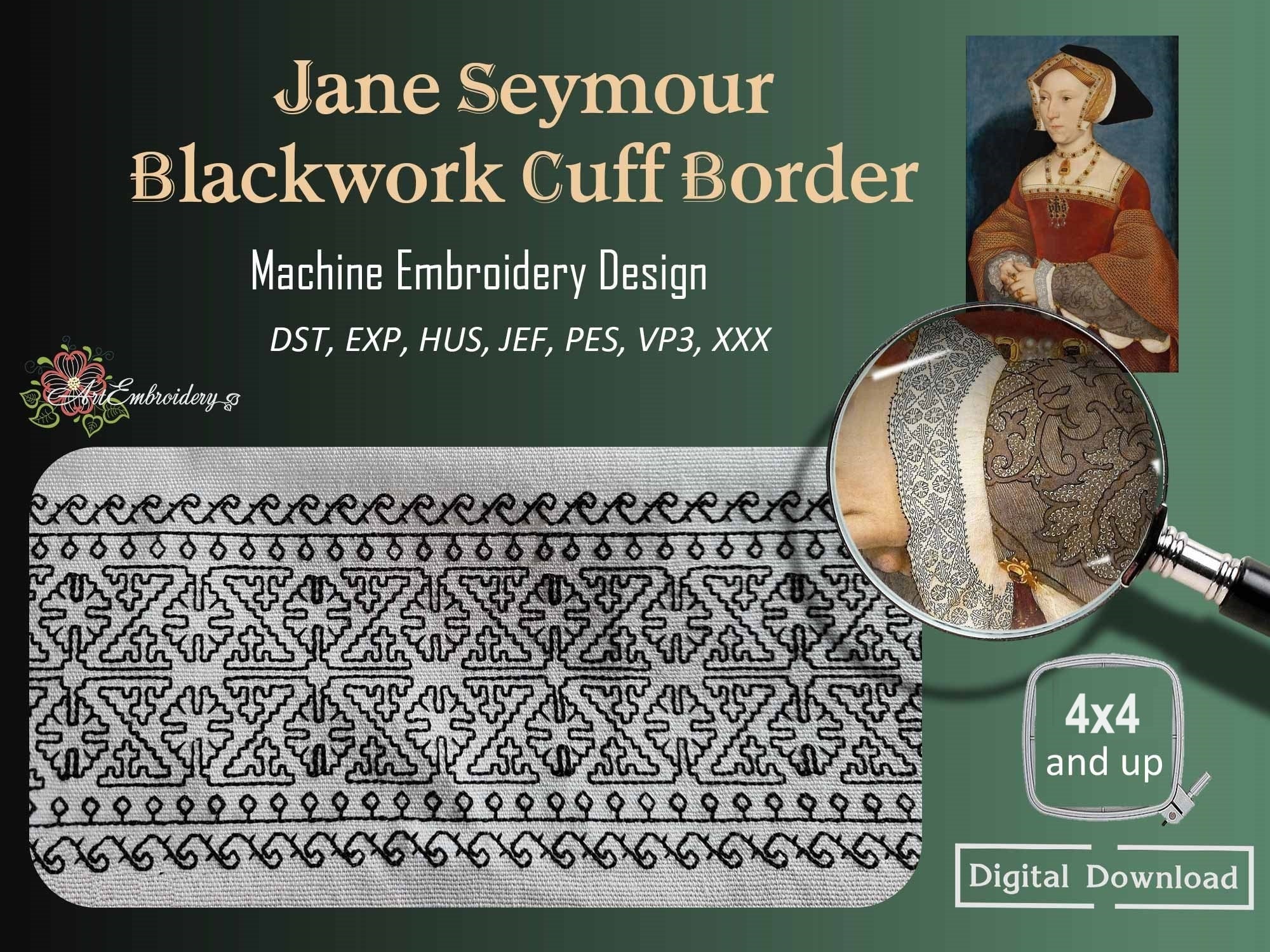 Jane Seymour Blackwork Cuff Border - Machine Embroidery