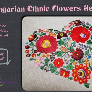 May include: Machine embroidery design set featuring a heart-shaped design with colorful Hungarian ethnic flowers. The design is available in 6x8 and 8x8 inch sizes.