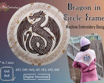 Dragon in Circle Frame - Machine Embroidery Mystical Designs in 2 sizes for hoop for 6x6" and 8x8".