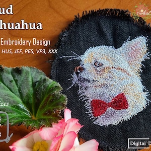 May include: Machine embroidery design of a white chihuahua wearing a red bow tie. The design is available in three sizes: 4x4 inches, 5x7 inches, and 6x8 inches. The design is available in the following formats: DST, EXP, HUS, JEF, PES, VP3, and XXX.