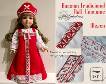 May include: Machine embroidery design set for a Russian traditional doll costume. The set includes a red and white patterned dress, a white blouse with red and white trim, and a red hat with white embroidery. The design set is from 5x7 inches.