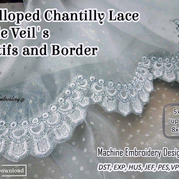 Scalloped Chantilly Lace Style Veil's Motifs and Border - Machine Embroidery Lace Designs Set for hoop sizes from 5x7" and up to 8x14"