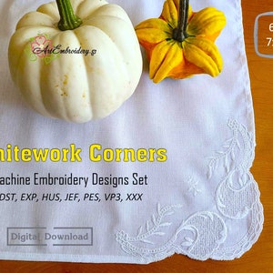 May include: Whitework embroidery design set for machine embroidery. The set includes four corner designs with a floral motif. The designs are available in the following formats: DST, EXP, HUS, JEF, PES, VP3, XXX. Digital download.