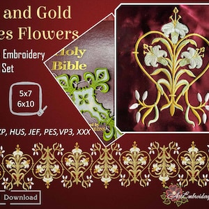 Silk and Gold Lilies Machine Embroidery Design: Elizabethan Heart Scroll (5x7, 6x10) (Digital Download)