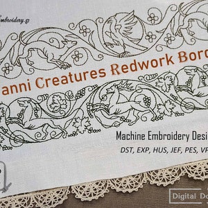 May include: Black and white embroidery design of a border with stylized animals and vines. The design is called "Giovanni Creatures Redwork Borders" and is available in multiple machine embroidery file formats. The design is up to 8x14 inches.