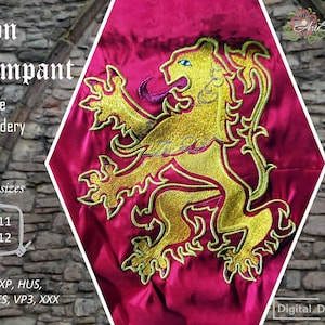 May include: A gold lion rampant embroidery design in two sizes, 7x11 inches and 8x12 inches. The design is on a red background and is available in DST, EXP, HUS, JEF, PES, VP3, and XXX formats.