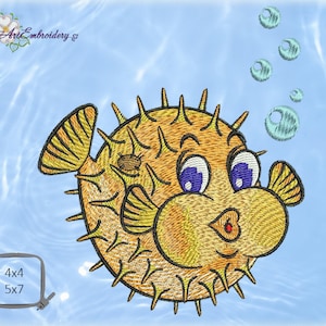 May include: A cartoon pufferfish with large blue eyes and a yellow body is blowing bubbles. The fish has spikes all over its body and a small fin on its back. The background is a light blue colour.