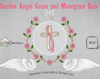 May include: Machine embroidery design set featuring a cross with pink beads, surrounded by a floral wreath with pink flowers and green leaves. The text "Garden Angel Cross and Monogram Base" is at the top. Includes a 8x12 inch hoop.