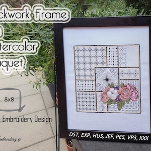 Könnte beinhalten: Ein Blackwork-Stickmuster mit einem Aquarell-Blumenstrauß in einem schwarzen Rahmen. Das Design ist 8x8 Zoll groß und umfasst die Dateiformate DST, EXP, HUS, JEF, PES, VP3 und XXX.