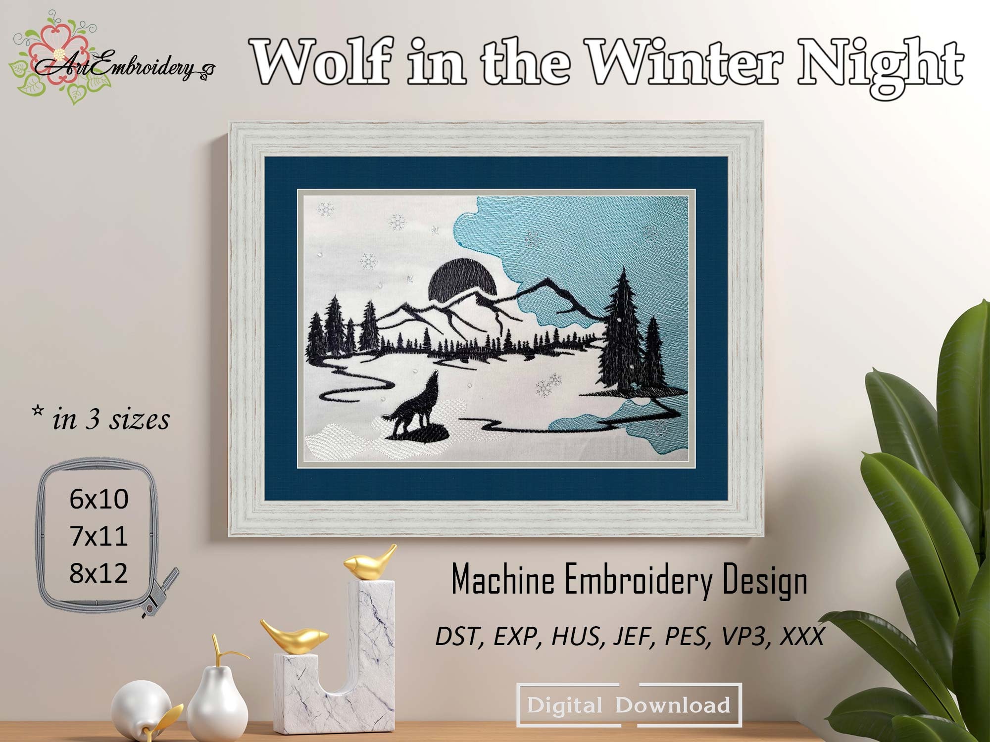 ウルフ・ウィンター・ナイト機械刺繍デザイン：クリスマス風景