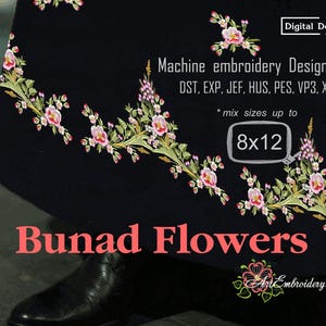 May include: A set of machine embroidery designs featuring pink flowers on a black background. The designs are available in multiple formats, including DST, EXP, JEF, HUS, PES, VP3, and XXX. The designs are mix sizes up to 8x12 inches.