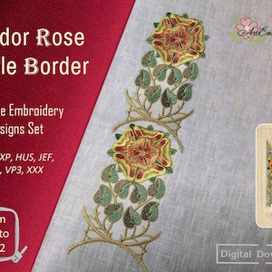 Tudor Rose Stole Border - Machine Embroidery Historical Design in three sizes for hoop 5x7&quot; and up to  8x12&quot;.