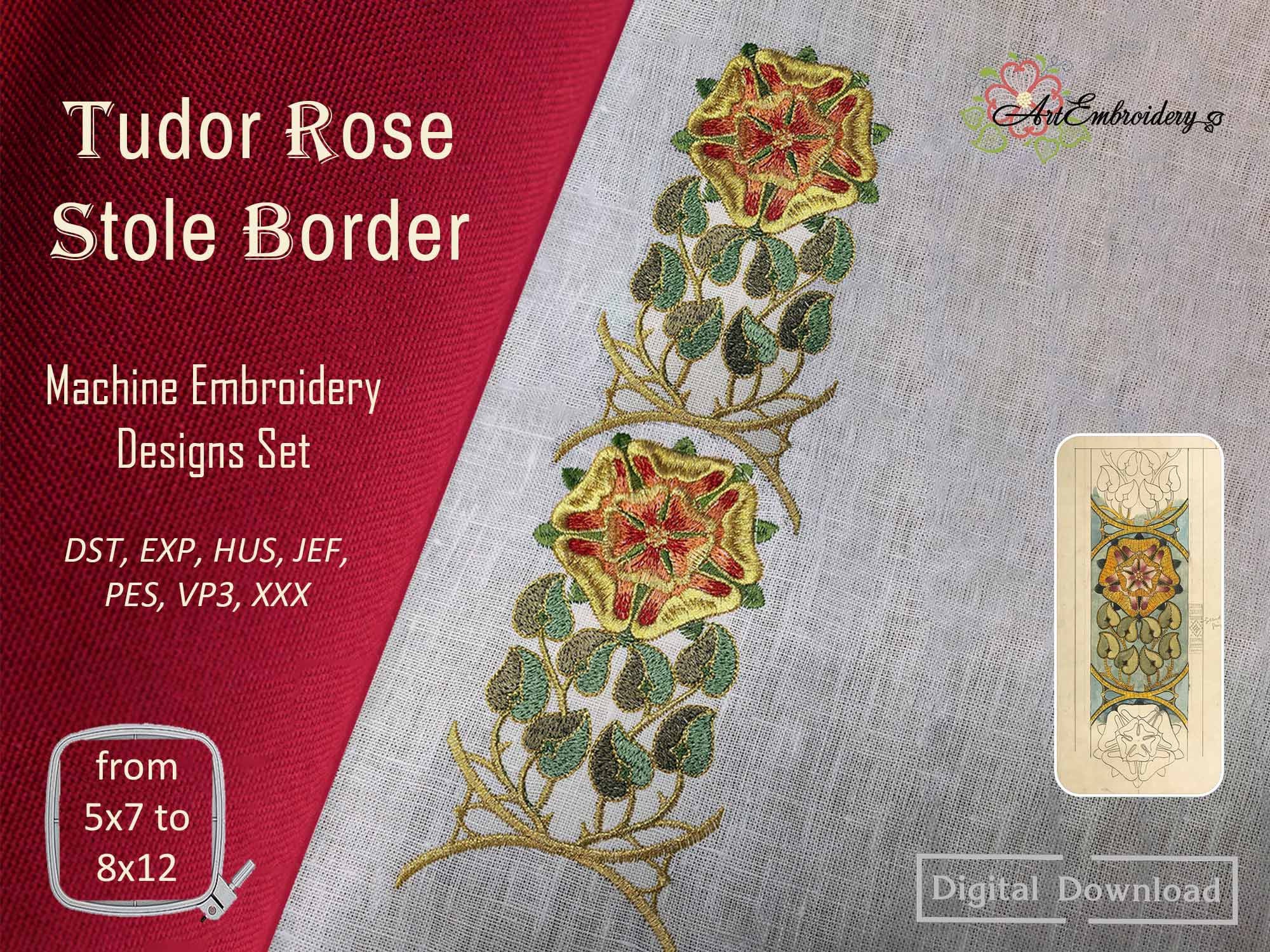 Tudor Rose Stole Border - Machine Embroidery Historical Design in three sizes for hoop 5x7" and up to  8x12".