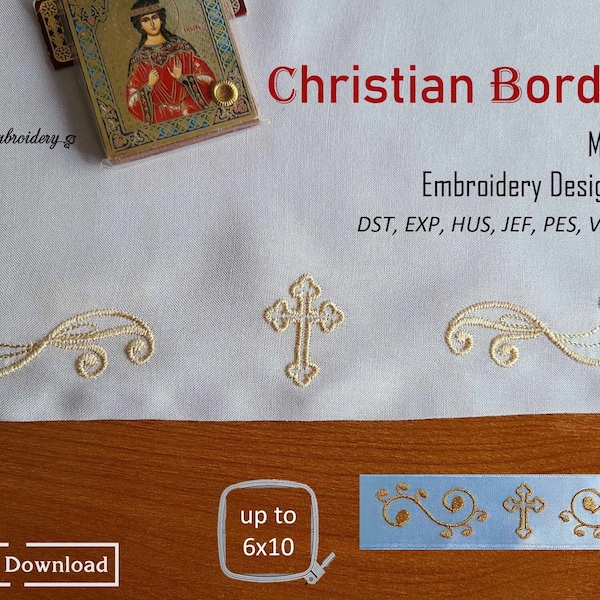 Christliche Bordüren - Maschinenstickerei Religiöses Kreuz und Schriftrollen Designs Set für Stickrahmen von 10x10cm bis 15x25cm