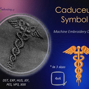 Puede incluir: Un diseño de bordado en blanco y negro de un símbolo de caduceo, un símbolo médico con una serpiente envuelta alrededor de un bastón con alas. El diseño está disponible en tres tamaños, incluyendo 4x4 pulgadas. El texto "Caduceus Symbol" y "Machine Embroidery Design" también está incluido en la imagen.