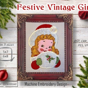 May include: Machine embroidery design of a vintage girl wearing a red and white Santa hat, holding a holly sprig. The design is framed in a red and gold frame. The design is available in three sizes: 5x7, 6x8, and 7x10 inches. The design is available in the following formats: DST, EXP, HUS, JEF, PES, VP3, and XXX.