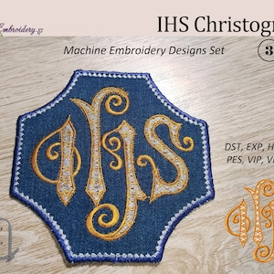 May include: Machine embroidery design set of the IHS Christogram in gold and white on a blue denim background. The design is available in 4x4 and 5x5 inch sizes. The file formats included are DST, EXP, HUS, JEF, PES, VIP, VP3, and XXX.