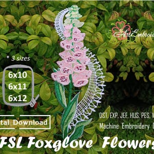 Può includere: Un disegno di ricamo digitale di un fiore di digitale rosa e bianco con un bordo di pizzo. Il disegno è disponibile in tre dimensioni: 6x10, 6x11 e 6x12 pollici. Il disegno è per ricamo a macchina ed è disponibile nei seguenti formati: DST, EXP, JEF, HUS, PES, VP3 e XXX.