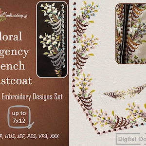 Puede incluir: Un conjunto de diseños de bordado a máquina que presentan un patrón floral con flores marrones, blancas y rosas. Los diseños son para un chaleco y están disponibles en varios formatos, incluidos DST, EXP, HUS, JEF, PES, VP3 y XXX. Los diseños se pueden bordar hasta 17,8 cm por 30,5 cm.