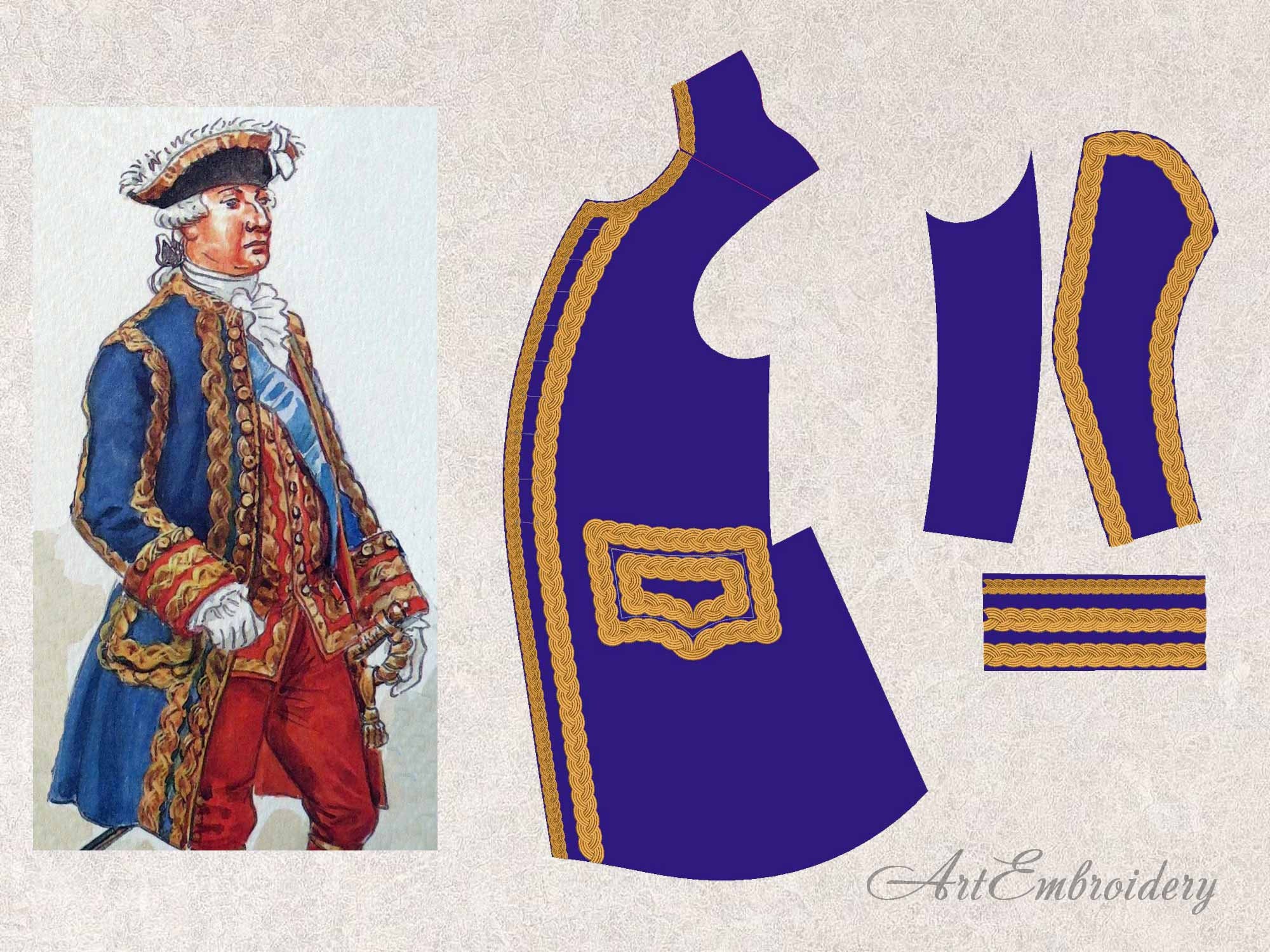フランス軍フロックコートの刺繍デザイン：1780年代の編み込み 