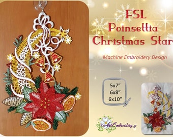 FSL Poinsettia Christmas Star  -  Machine Embroidery Freestanding Lace design in three sizes for hoops 5x7&quot;, 6x8&quot; and 6x10&quot;