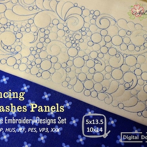 Puede incluir: Un conjunto de diseños de bordado a máquina titulado Dancing Splashes Panels con costuras de hilo azul de círculos y remolinos sobre tela crema. Incluye texto, formatos de archivo y tamaños de bastidor de 12,7x34,3 cm y 25,4x35,6 cm.