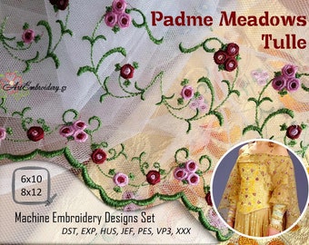 Padme Meadows Tulle - Machine Embroidery Tiny Rose Floral  Branches Set for hoop 6x10" and 8x12"